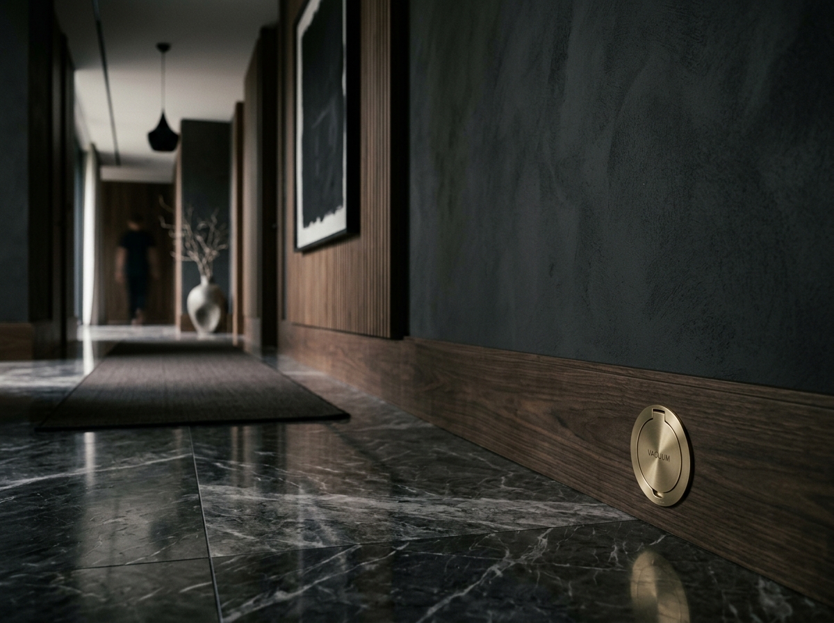 Architectural central vacuum brass inlet in luxury marble hallway