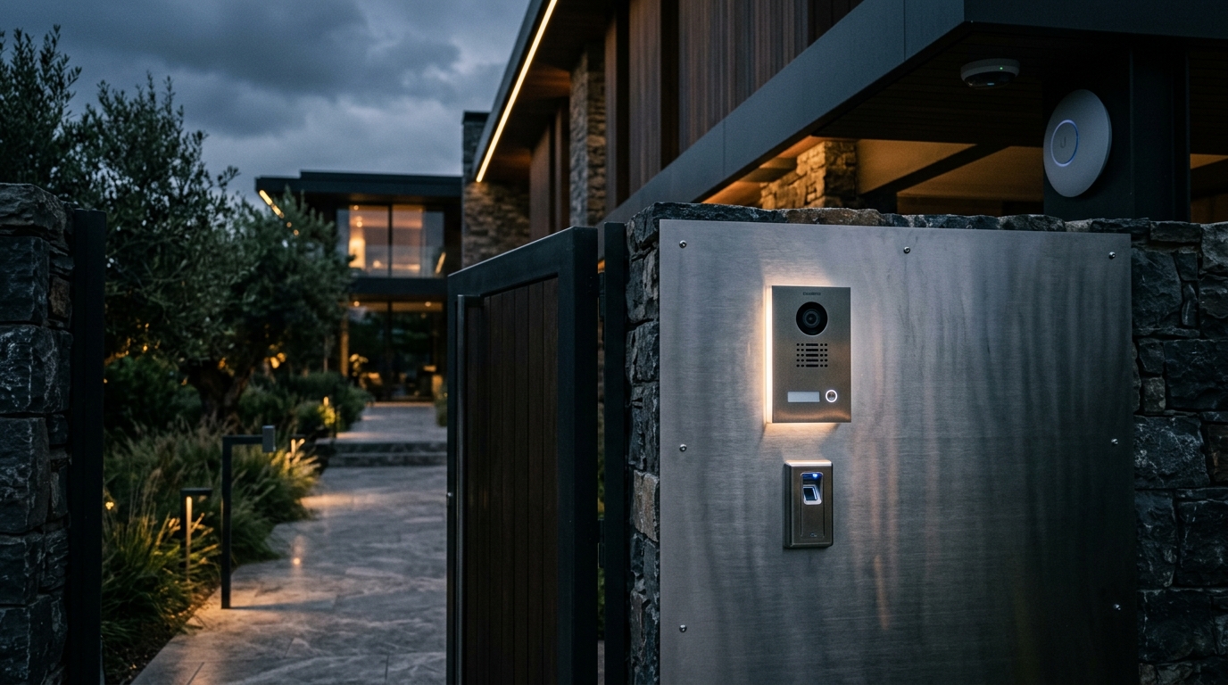 DoorBird video intercom and biometric access at luxury villa entrance with UniFi WiFi camera